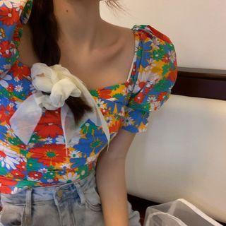 Short-sleeve Floral Blouse Blue & Yellow & Red - One Size