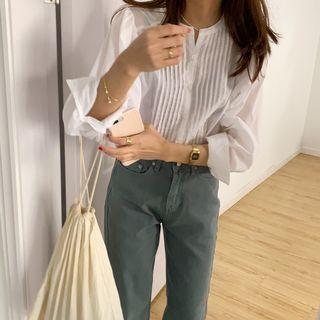Long-sleeve Round-neck Pintuck Blouse