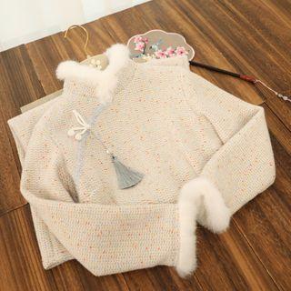 Fluffy Trim Long-sleeve Midi A-line Dress