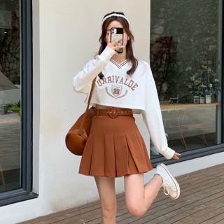 Pleated Mini A-line Skirt With Belt / Lettering Cropped Sweatshirt