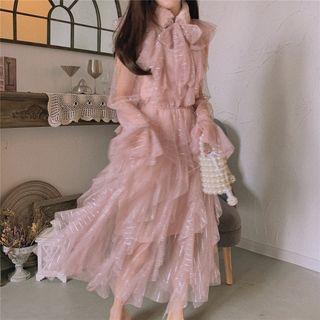 Tie-neck Long-sleeve Midi Layered Mesh Dress