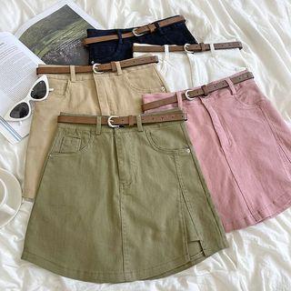High-waist Plain A-line Denim Slit Mini Skirt