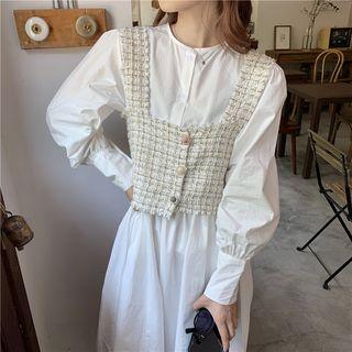Tweed Vest / Plain Long-sleeve Midi A-line Dress