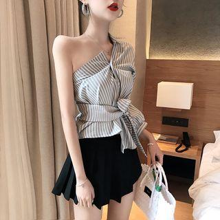 3/4-sleeve Striped Blouse / Plain Pleated Skort