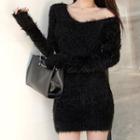 V-neck Furry Mini Knit Sheath Dress