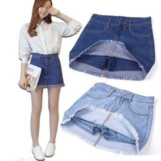 High Waist Denim Mini Pencil Skort