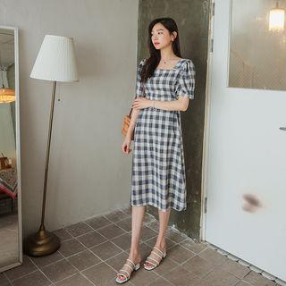 Square-neck Linen Blend Long Plaid Dress
