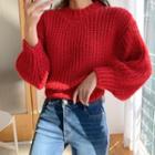 Drew-neck Balloon-sleeve Rib-knit Sweater