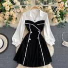 Shirt Collar Color Block Panel Puff-sleeve Dress