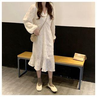 Long-sleeve Midi Mermaid Lace Dress Almond - One Size