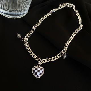 Heart Checker Pendant Alloy Necklace 1 Pc - Silver - One Size