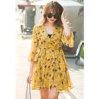 Wrap-front Floral Print 3/4-sleeve A-line Dress With Sash