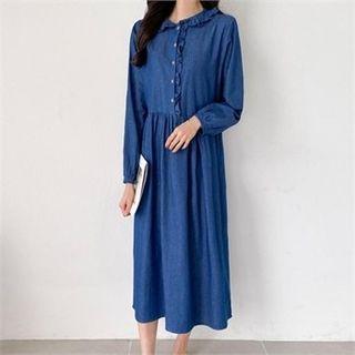 Half-placket Frill-trim Denim Dress