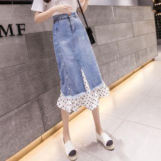 Faux Pearl Dotted Trim Midi Mermaid Denim Skirt
