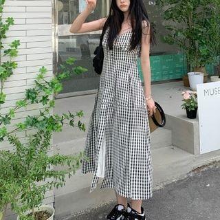 Spaghetti Strap Gingham Midi Dress Black & White - One Size