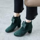 Genuine Leather Chunky Heel Bow Accent Ankle Boots