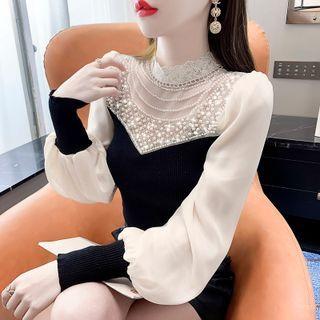 Mock-neck Beaded Panel Knit Top