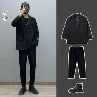 Lettering Loose-fit Blazer / Long-sleeve Plain T-shirt / Plain Pants