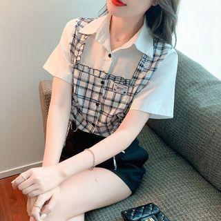 Short Sleeve Check Panel Mock Two Piece Shirt