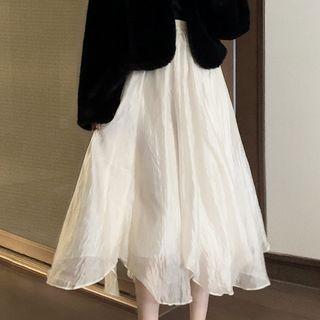 Asymmetrical Hem Mesh Midi A-line Skirt Off-white - One Size
