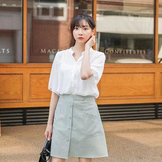 Mandarin-collar Short-sleeve Chiffon Blouse