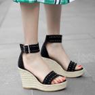 Genuine Leather Studded Strap Espadrille Wedge Platform Sandals