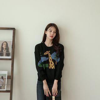 Round-neck Giraffe-printed Sweater Black - One Size