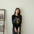 Round-neck Giraffe-printed Sweater Black - One Size
