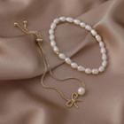 Bow Alloy Freshwater Pearl Layered Bracelet White & Gold - One Size