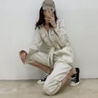 Long-sleeve Contrast-stitching Cropped Jumpsuit
