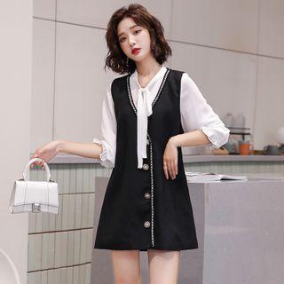 Set: Tie-neck 3/4-sleeve Blouse + Mini Jumper Dress