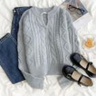 Long-sleeve V-neck Plain Cable Knit Sweater Sweater - One Size