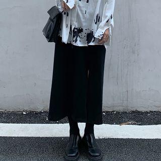 Long-sleeve Printed Shirt / Slit Midi Skirt