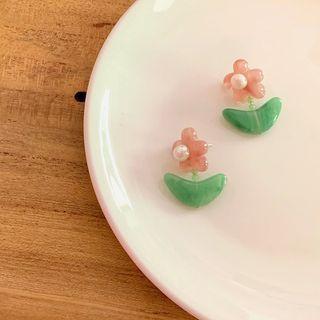 Flower Freshwater Pearl Resin Earring 1 Pair - Silver Needle - Pink & Green - One Size