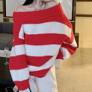 Off Shoulder Stripe Loose Fit Sweater Stripes - Red & White - One Size