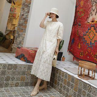 Maxi Eyelet-lace Dress With Sash