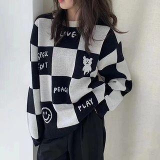 Checkerboard Pattern Knit Top Black - One Size