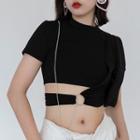 Short-sleeve O-ring Crop Top Black - One Size
