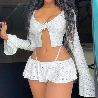 Set: Bell-sleeve Tie-front Crop Top + Shorts