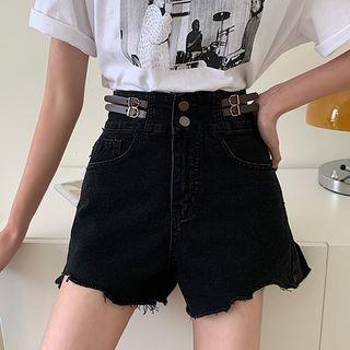 High-waist Distressed-hem Buckled Denim Shorts