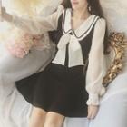 Long-sleeve Color Block Ribbon A-line Mini Dress