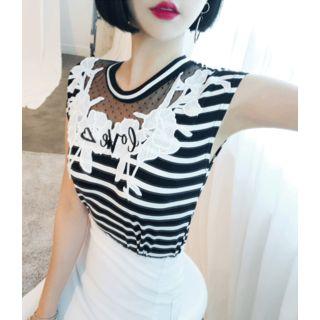 Sleeveless Appliqu  Striped Top Black - One Size
