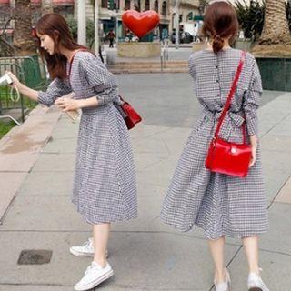 Checked 3/4-sleeve Midi A-line Dress