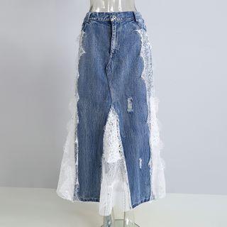 Denim Panel Midi A-line Skirt Blue - One Size