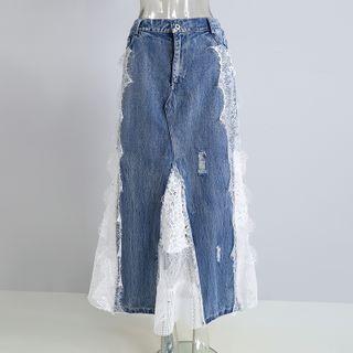 Denim Panel Midi A-line Skirt Blue - One Size