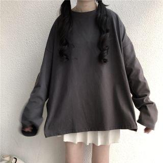 Long-sleeve Plain Slit-hem T-shirt