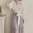 Long-sleeve V-neck Plain Wrap Blouse / High-waist Floral Maxi Skirt
