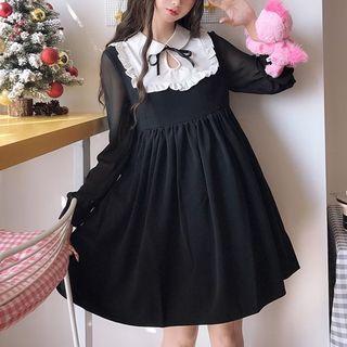 Long-sleeve Peter Pan Collar Midi A-line Dress As Shown In Figure - One Size