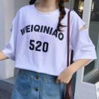 Printed Cold-shoulder Elbow-sleeve T-shirt