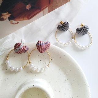 Plaid Heart Faux Pearl Hoop Earring